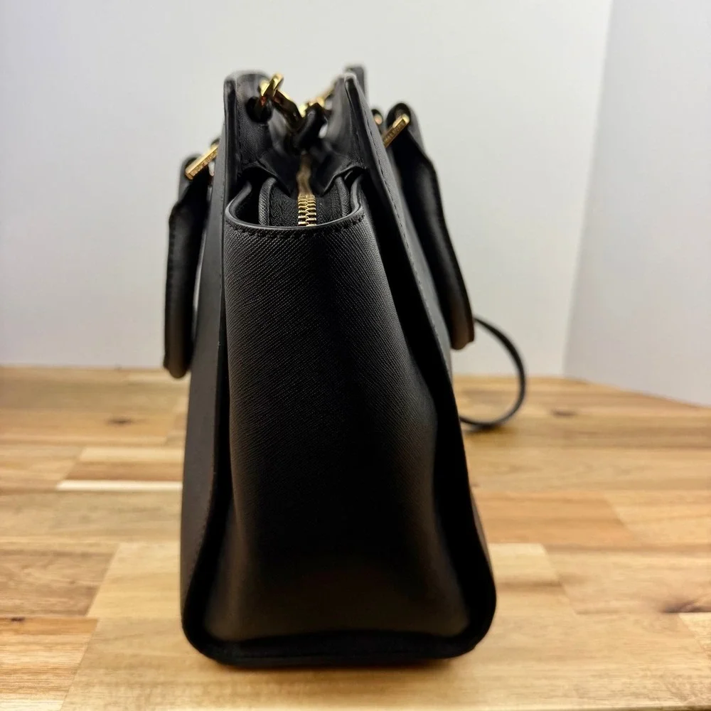Michael Kors Selma Black Saffiano Leather Satchel Crossbody Bag Gold Hardware